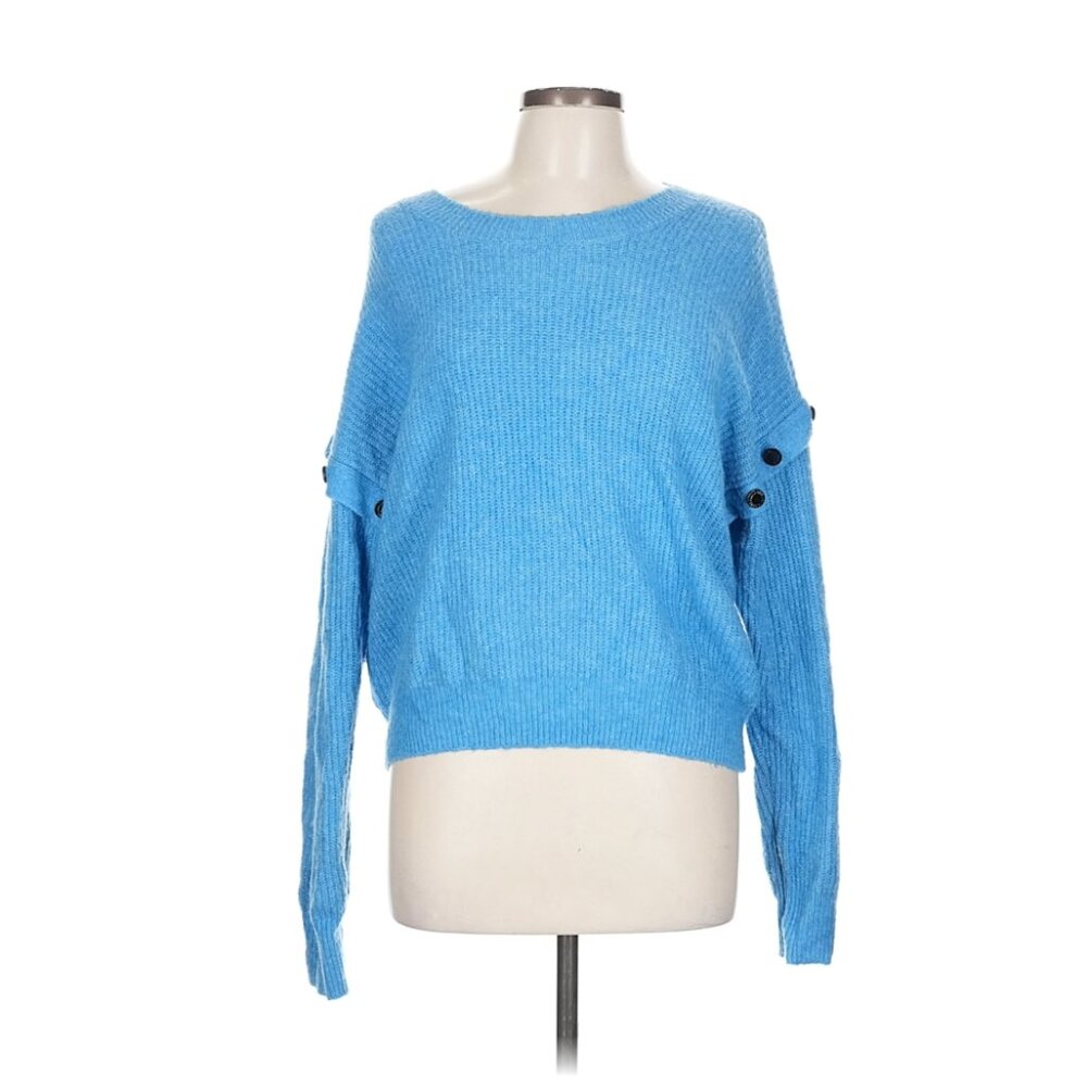 DKNY Jeans Blue Knit Pullover Sweater with Sleeve Button Detail
